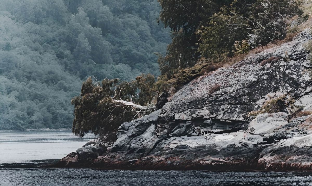 Misty Nordic fjord shoreline with rocky outcrops reflecting the calm and premium atmosphere at Hayden Dental Group in Hermiston Oregon