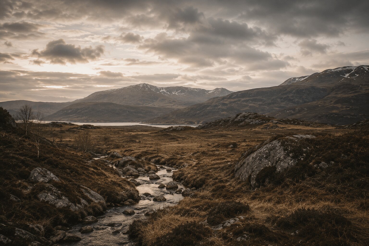 Rustic Nordic landscape with rolling hills, rocky terrain, winding stream, and soft overcast mountain sky in earthy cinematic tones